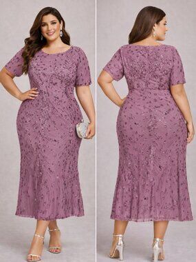 Ever Pretty Sequin Dress 24 4XL Purple Tea Length Formal Mother Bride Wedding